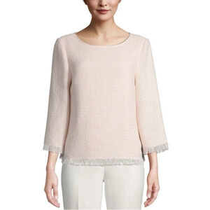 Anne Klein Pink Tweed Boucle Fringe Trim Pullover Top Large Old Money Career